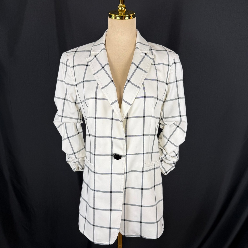 Alice + Olivia Breann Ruched-Sleeve Windowpane Grid Blazer Size 2 EUC